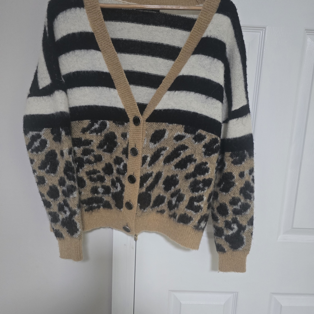 Guess Tan and Black Leopard Striped Cardigan
